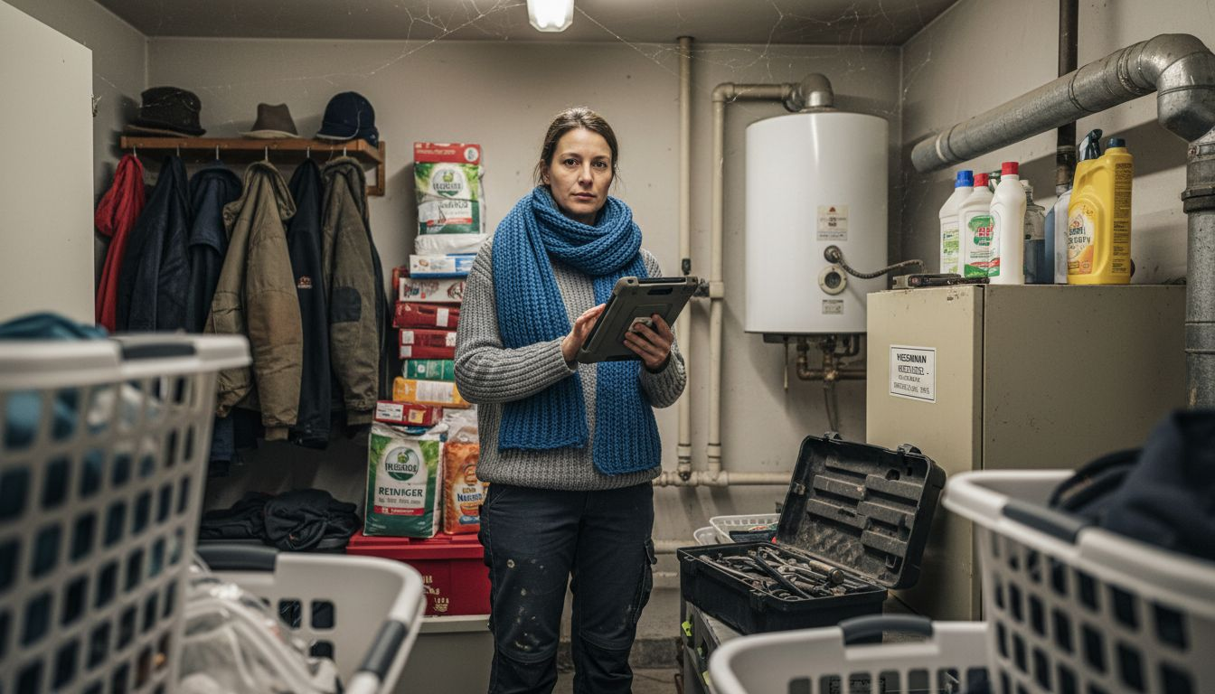 Eine Fachberaterin wirft einen genauen Blick auf die Heizungsrohre im Hauswirtschaftsraum.