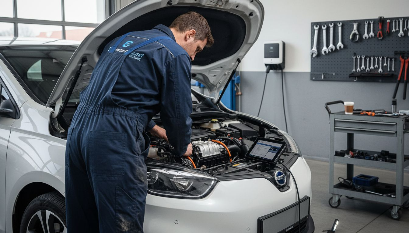 In der Werkstatt nimmt ein Mechaniker den Elektromotor eines Fahrzeugs genau unter die Lupe.