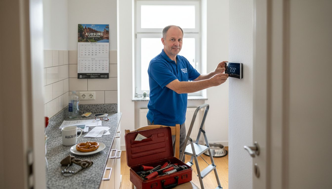Ein Elektriker installiert im Küchenbereich ein modernes, intelligentes Thermostat und sorgt dafür, dass alles reibungslos funktioniert.