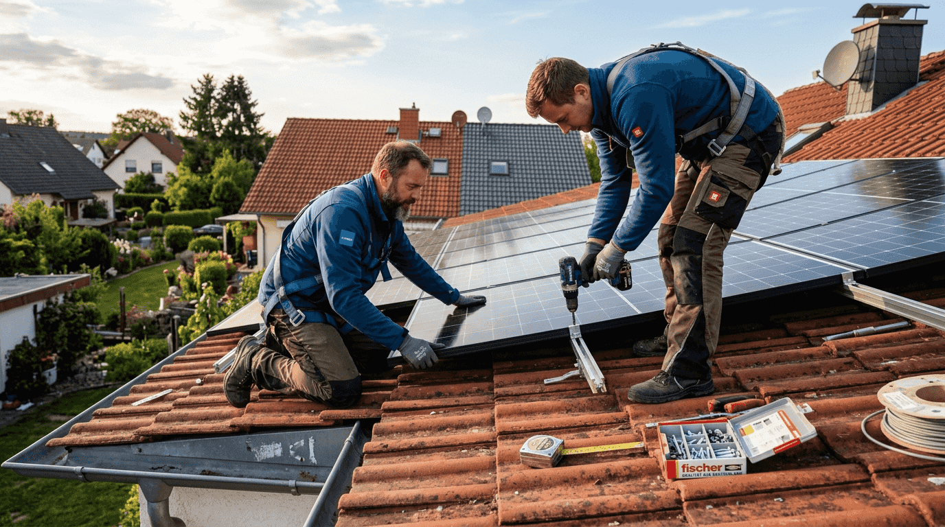 Vorteile einer Elektrofachfirma für Smart Home & PV 1 Fachkräfte montieren Solarmodule auf einem Dach mit roten Ziegeln.