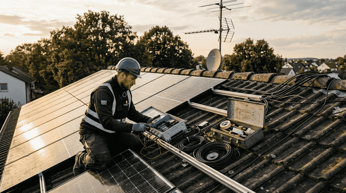Elektriker info 2026: sicher, smart & nachhaltig 1 Ein Fachmann für Elektrotechnik überprüft die Solaranlage und den Batteriespeicher auf ihre Funktion und Sicherheit.