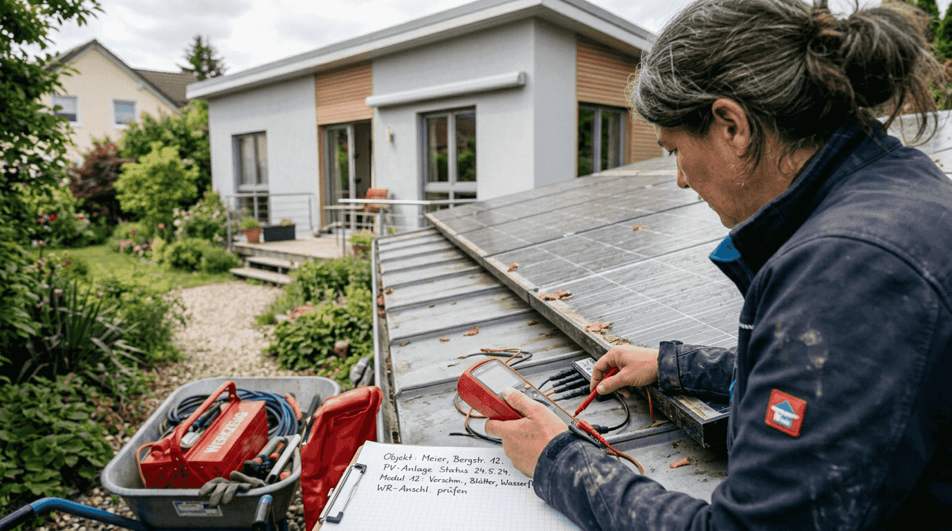 Elektriker Gewerbe Augsburg: Smart Home & Photovoltaik 2026 1 Eine Elektrikerin führt eine fachgerechte Überprüfung der Photovoltaikanlage im Garten durch.