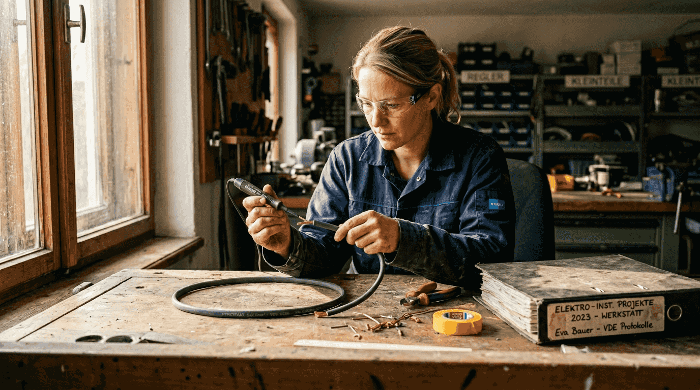 Brandschutz Elektrik Prozess: sichere Abläufe 2026 1 Eine Elektrikerin prüft an ihrem Arbeitstisch ein feuerfestes Kabel auf seine Sicherheit.
