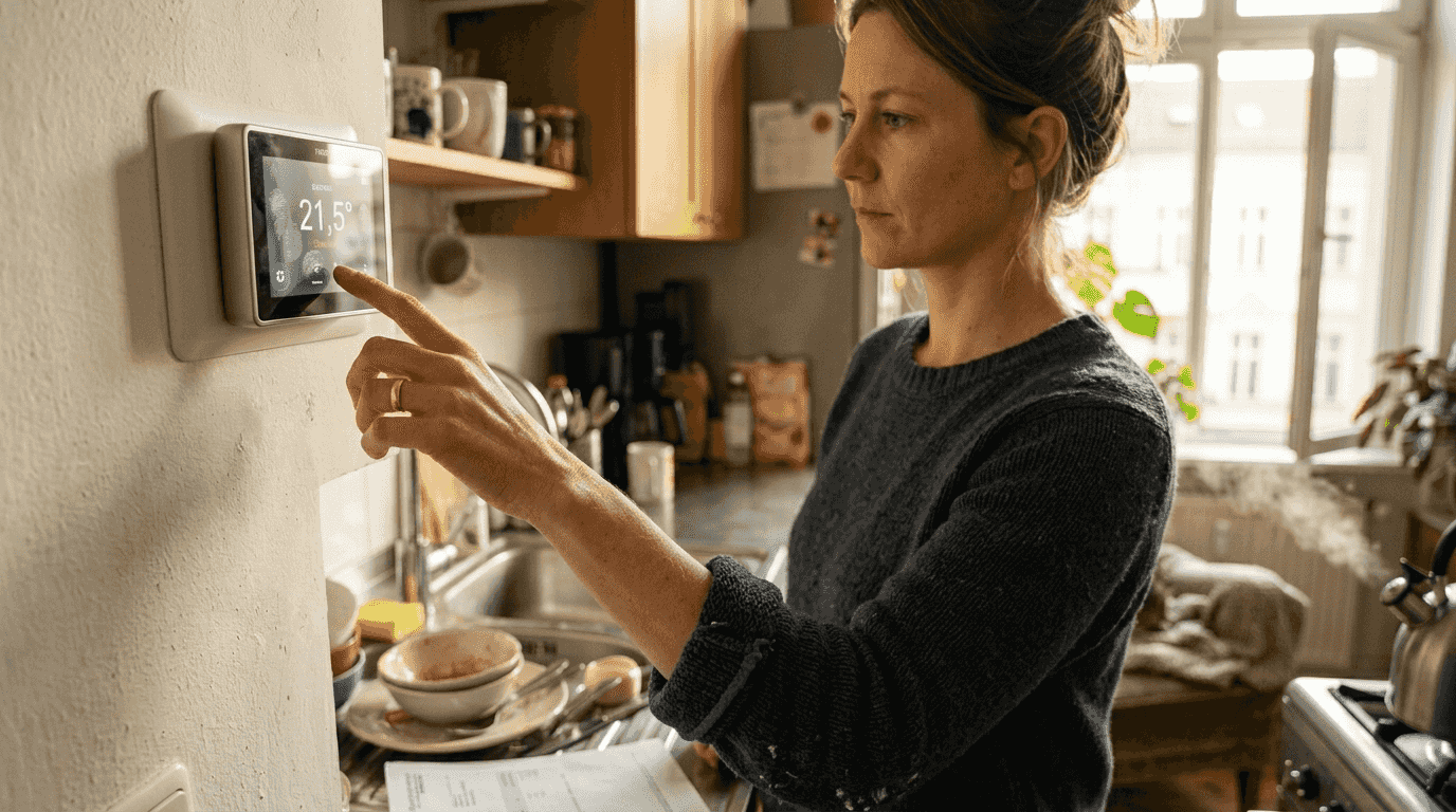 Eine Frau stellt das smarte Thermostat in ihrer Küche ein.