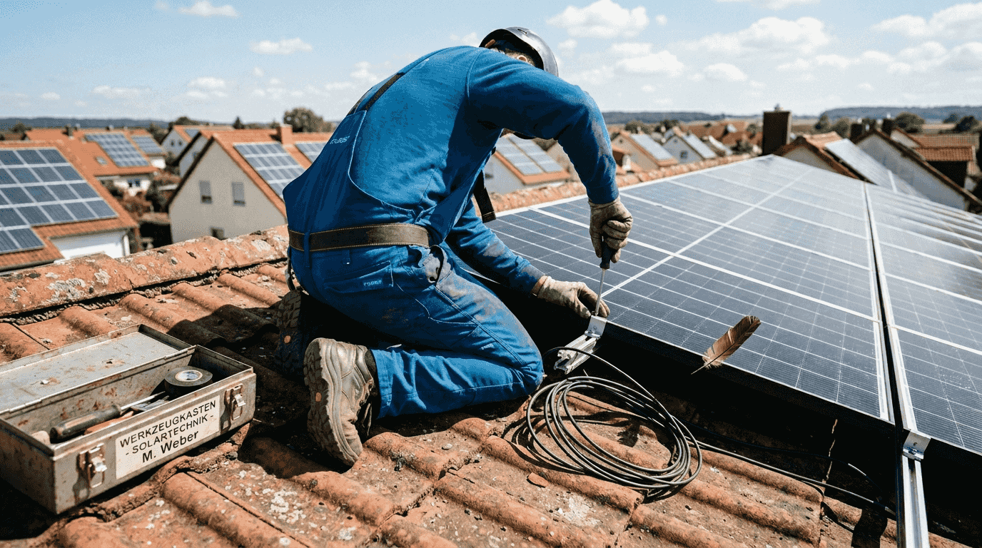 Ein Fachmann montiert eine Solaranlage auf dem Dach eines Wohnhauses.