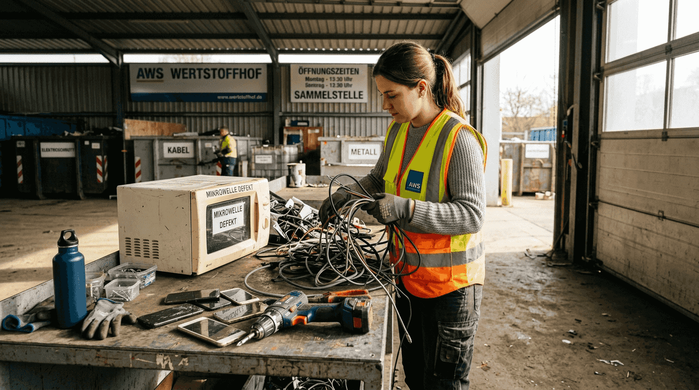 Ein Mitarbeiter sortiert Elektroschrott an einer Recycling-Station.