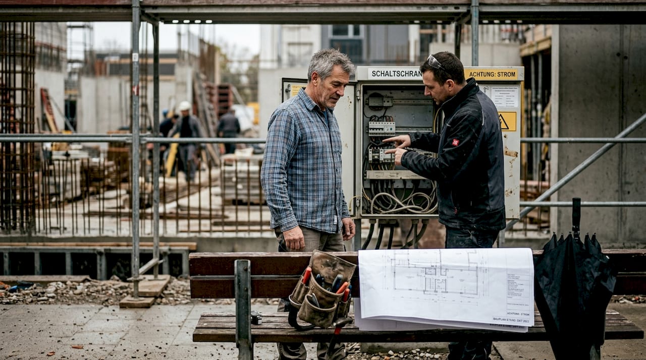 Der Bauleiter und der Elektriker kontrollieren gemeinsam, ob alle elektrischen Anlagen den Sicherheitsvorschriften entsprechen.