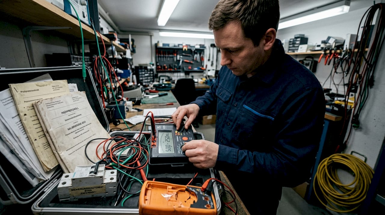 Ein Techniker nimmt die Feinabstimmung eines Messgeräts für elektrische Anlagen vor.