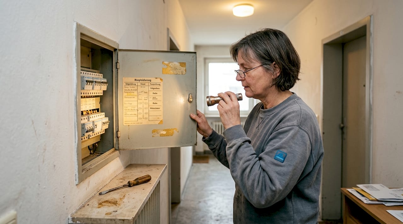 Elektroanlagen prüfen: Checkliste für Sicherheit Augsburg 2 Eine Frau schaut sich aufmerksam einen alten Sicherungskasten an.