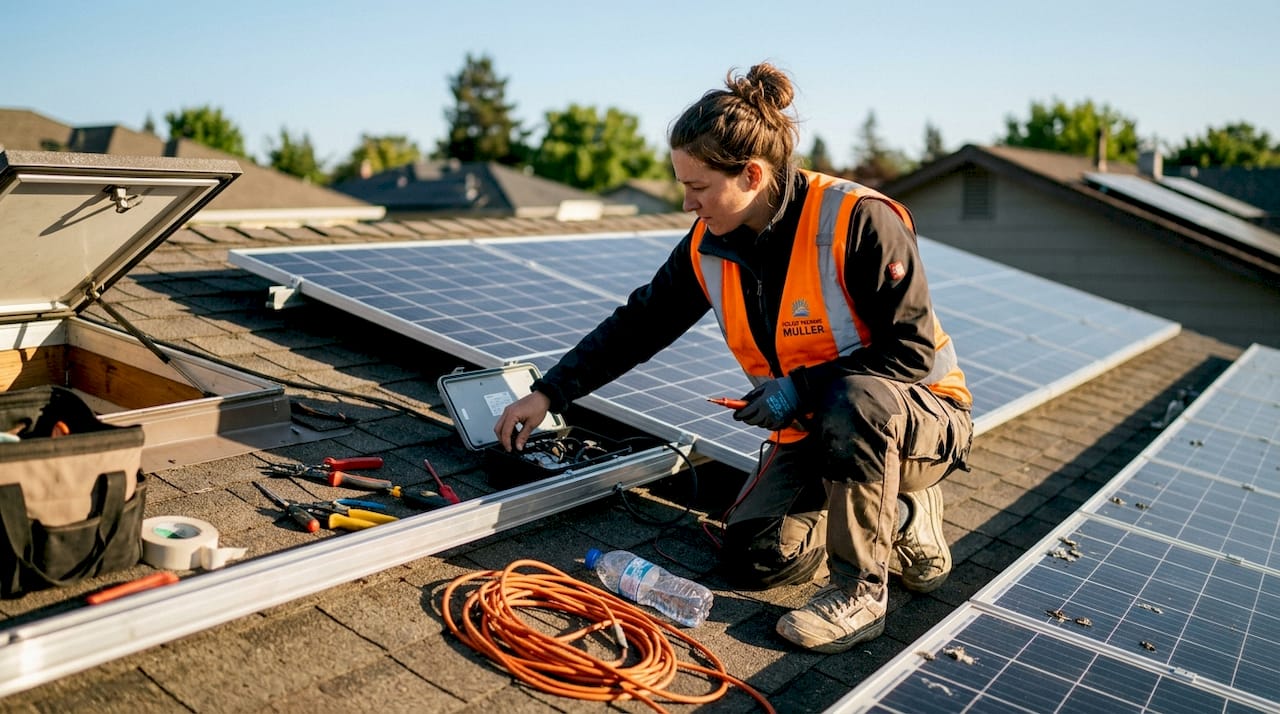 Ein Techniker überprüft die Solaranlage auf dem Hausdach.