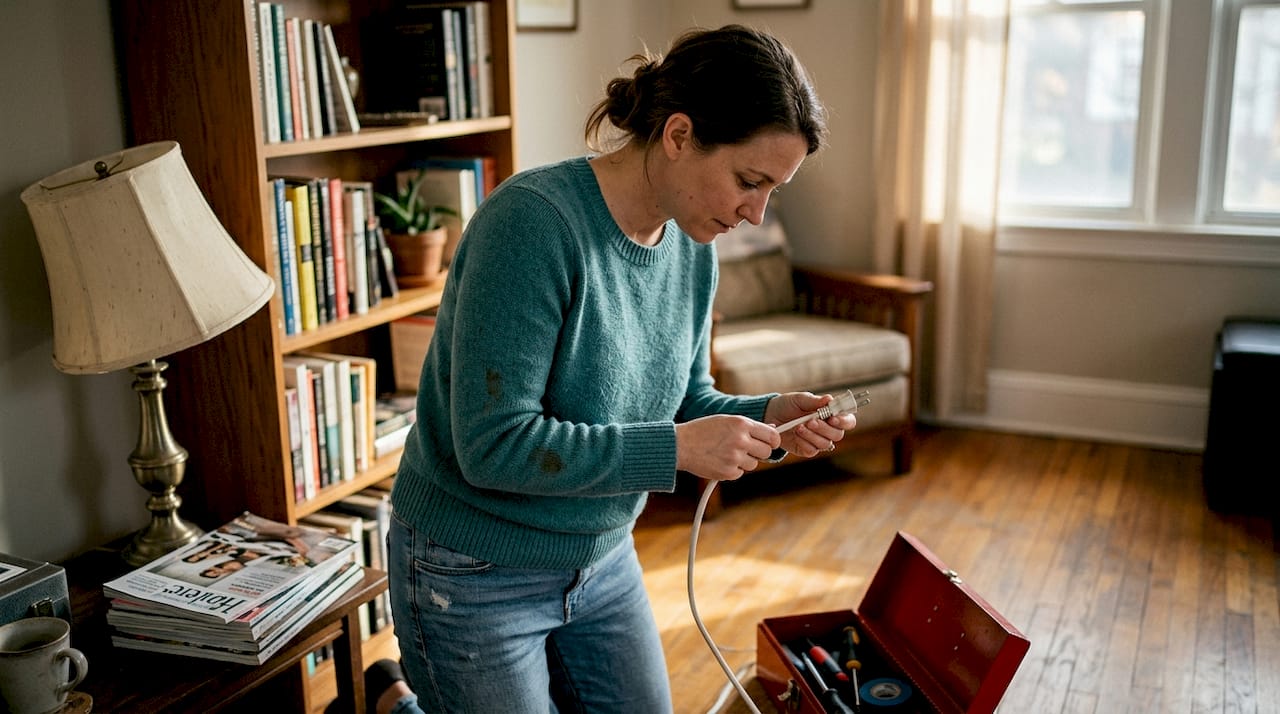 Eine Person überprüft das Verlängerungskabel im Wohnzimmer.