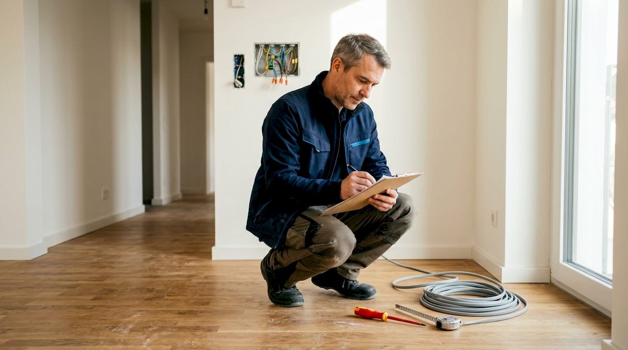 Der Elektromeister kontrolliert die Elektroinstallation in der Wohnung auf Sicherheit und Funktion.