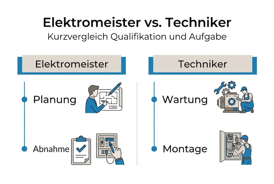 Vergleichende Infografik: Elektromeister vs. Techniker – alle wichtigen Unterschiede auf einen Blick