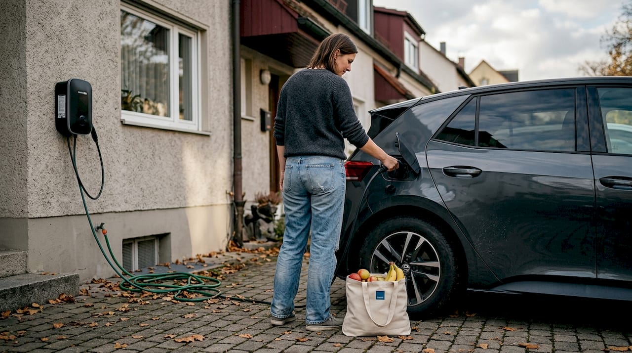 Elektriker Augsburg: Leitfaden für moderne Lösungen 2 Eine Frau lädt ihr E-Auto bequem an der heimischen Wallbox auf.