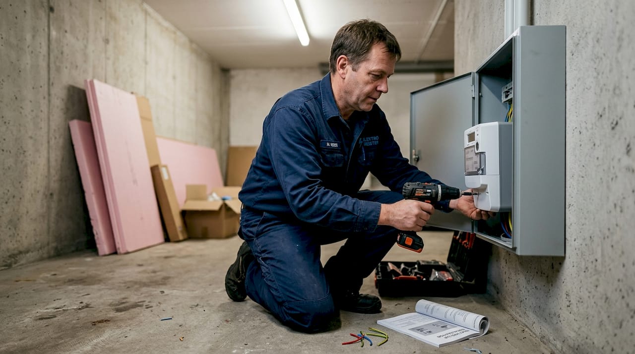 Im Keller wird gerade von einem Elektriker ein intelligenter Stromzähler eingebaut.