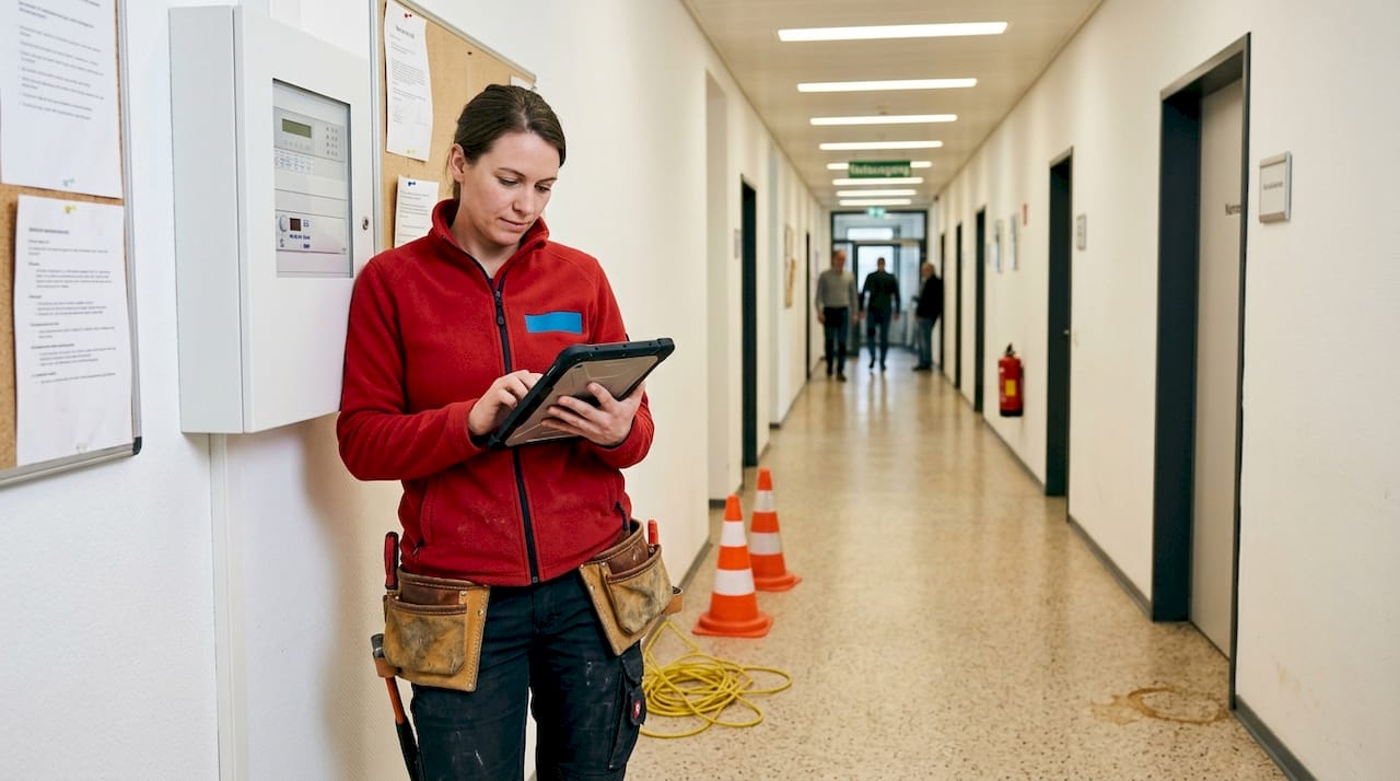 Elektriker in Schwäbisch Gmünd: Tipps für sichere Lösungen 1 Eine Elektrikerin führt im Flur des Büros eine Kontrolle der Schaltanlage durch.