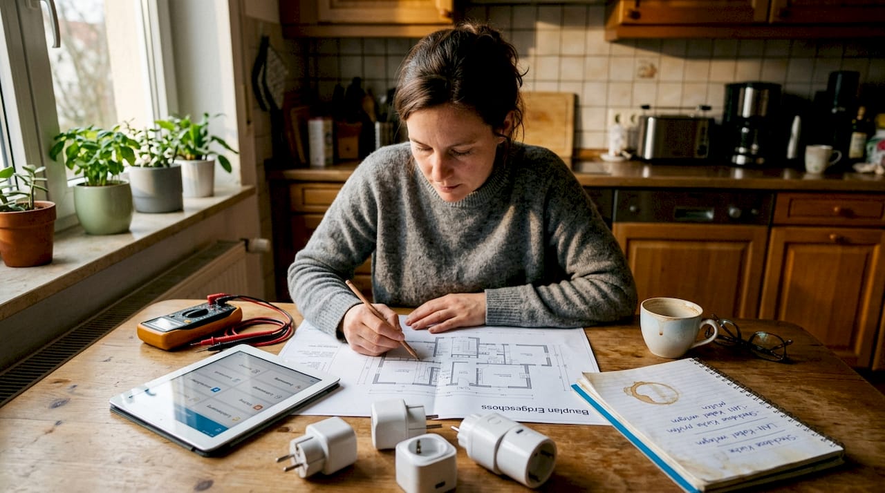 Elektriker Heidenheim: Smart-Home & Energie optimal nutzen 1 Am Küchentisch schmiedet eine Frau Pläne für ihr neues Smart-Home.