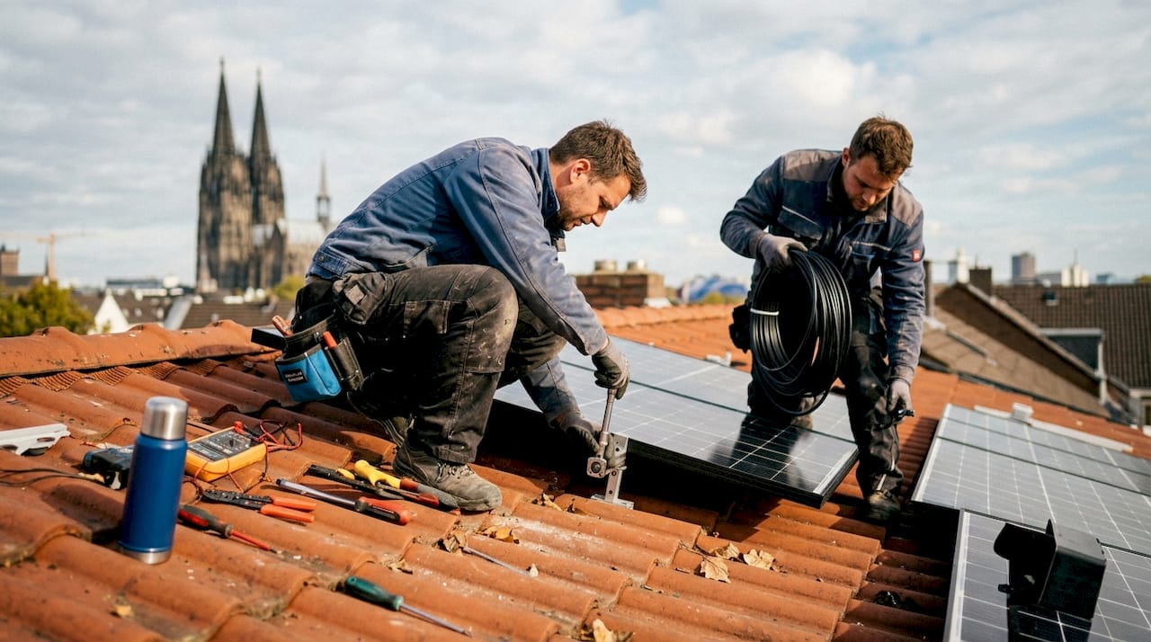 Auf einem Stadtdach installieren Elektriker eine Photovoltaikanlage.