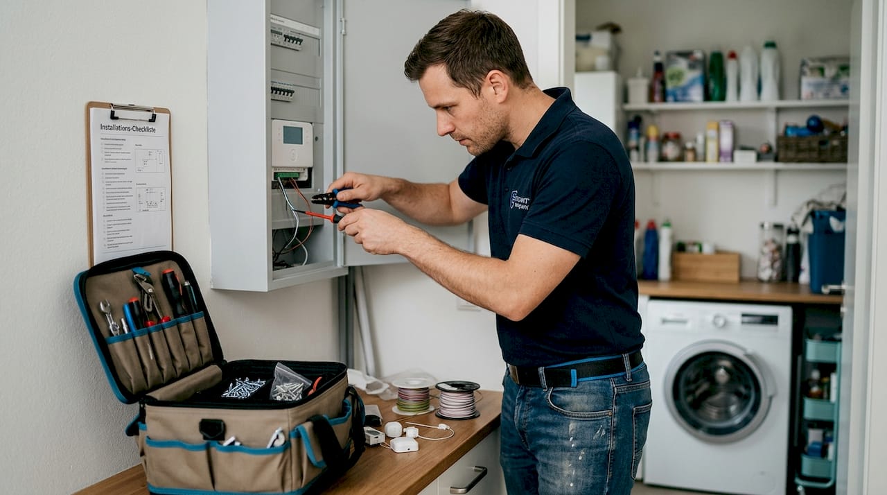 Sicherheitstechnik in Augsburg: Smarte Lösungen für Ihr Zuhause 1 Ein Techniker bringt im Hauswirtschaftsraum ein modernes Alarmsystem an.