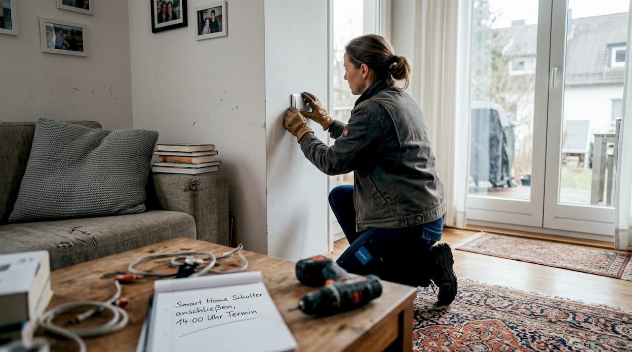 Elektriker Dachau: Moderne Lösungen für Smart Home & Energie 1 Eine Elektrikerin installiert einen smarten Lichtschalter fürs Zuhause.