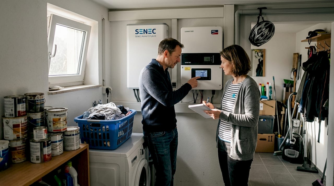 Photovoltaik in Augsburg: So nutzen Sie Solarenergie optimal 2 Ein Paar überprüft den Batteriespeicher ihrer Solaranlage zu Hause.