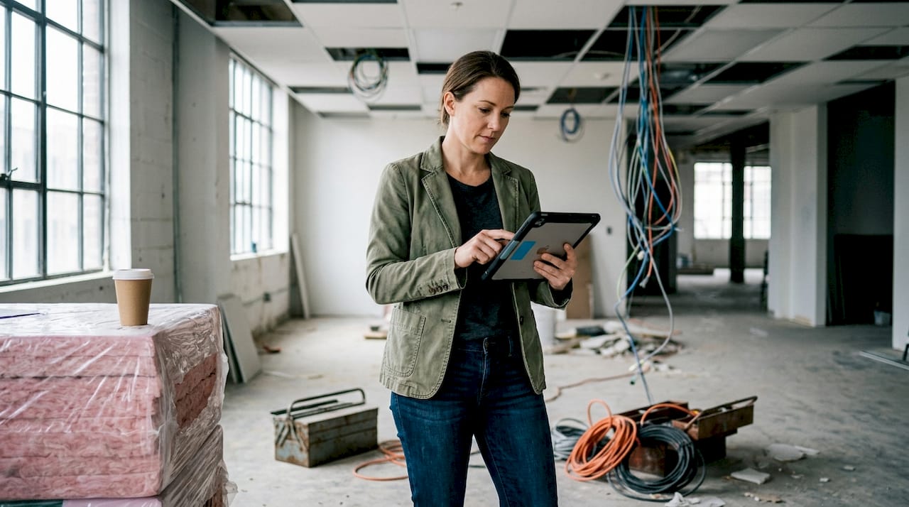 OBO Elektro: Moderne Lösungen für Haus und Betrieb 1 Eine Bauleiterin kontrolliert die Elektropläne direkt auf der Baustelle mit ihrem Tablet.