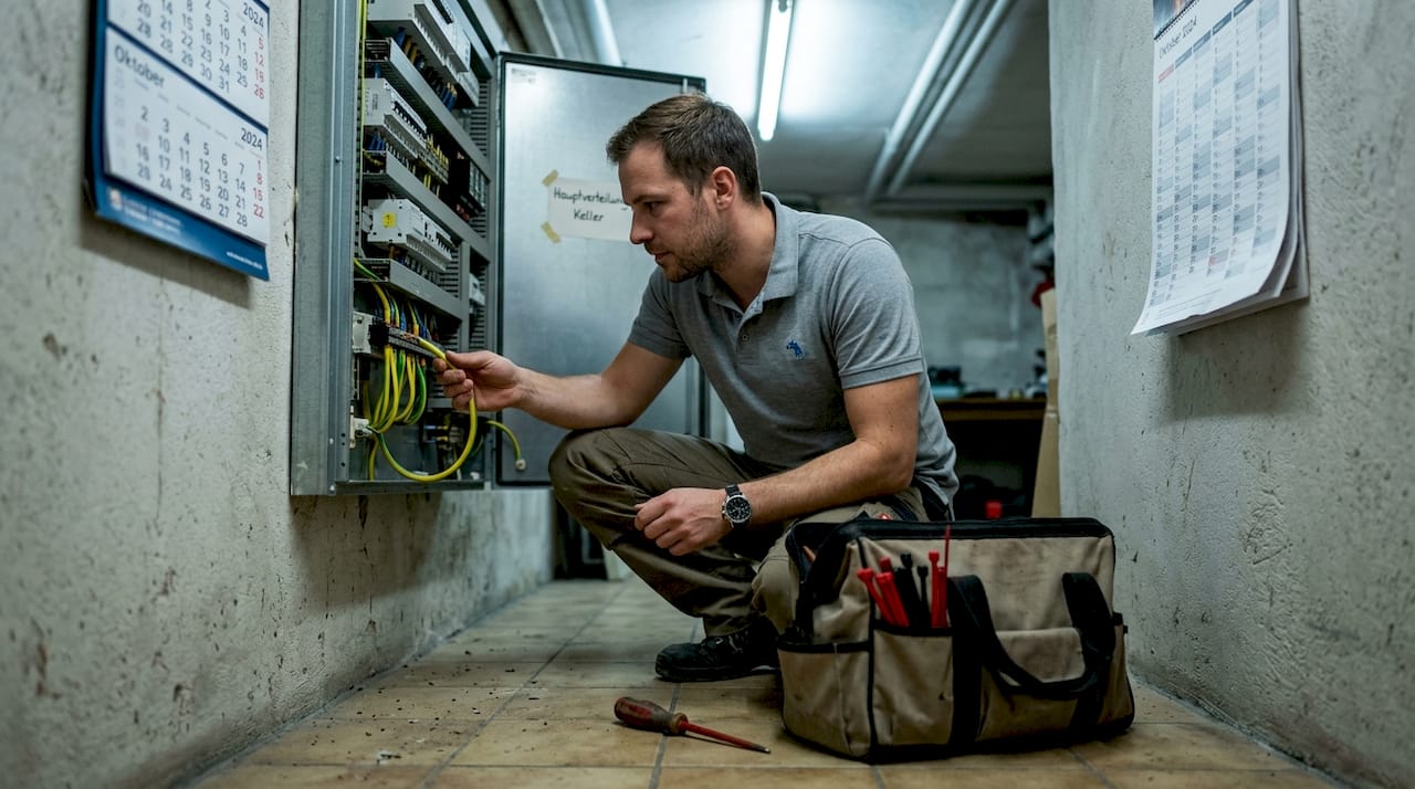 Elektro Technischer Support Augsburg: Sicherheit & Effizienz 2 Ein Elektriker überprüft die Kabel in einem Kellerraum.