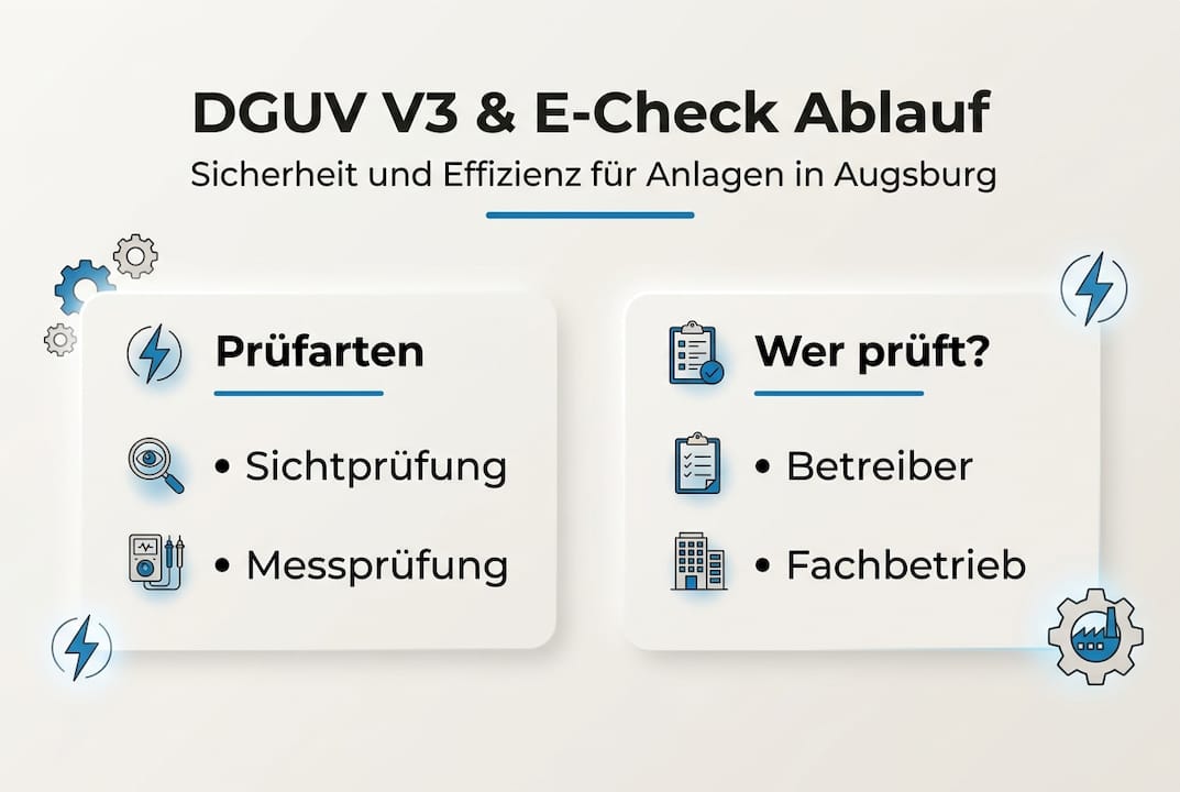 Elektro Technischer Support Augsburg: Sicherheit & Effizienz 1 Eine übersichtliche Infografik stellt die verschiedenen DGUV-Prüfverfahren sowie die zuständigen Prüfer in Augsburg vor.