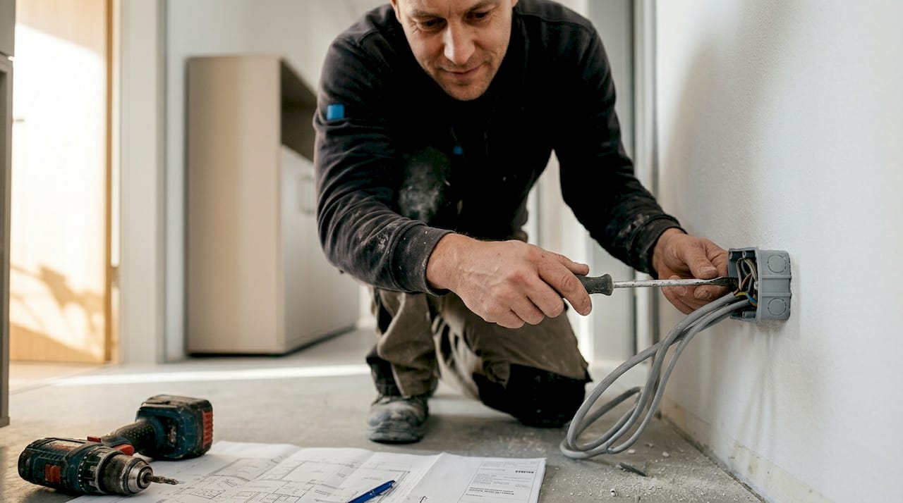 Fehlerfreie Elektroinstallation: Tipps für Haus & Firma 1 Im Flur unseres Büros bringt ein Handwerker gerade eine Unterputzdose an.