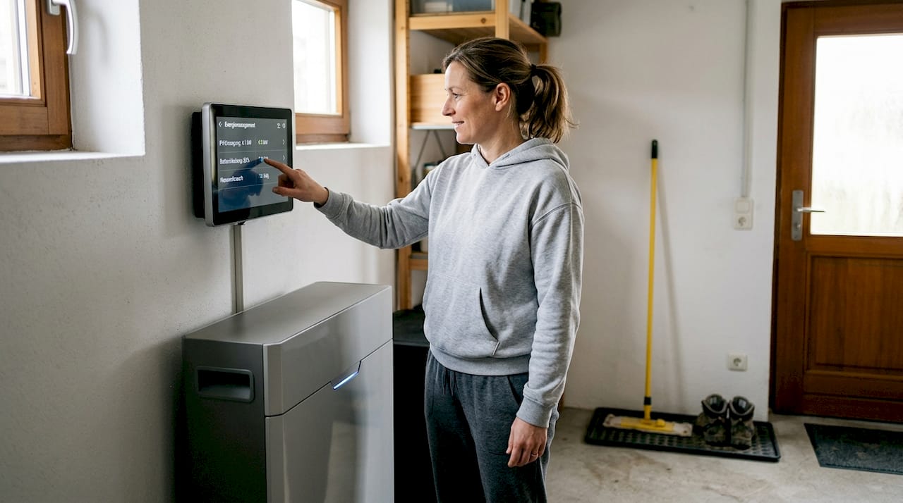 Elektrotechnik Trends 2026: Die wichtigsten Innovationen 1 Ein Hausbesitzer stellt die Anzeige für den Solar-Akku individuell ein.