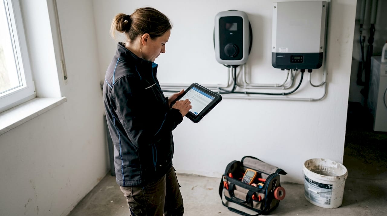Elektromobilität Zuhause 2026: Schritt-für-Schritt-Guide 1 Eine Installateurin nimmt die Wallbox und den Wechselrichter der Photovoltaikanlage genau unter die Lupe.