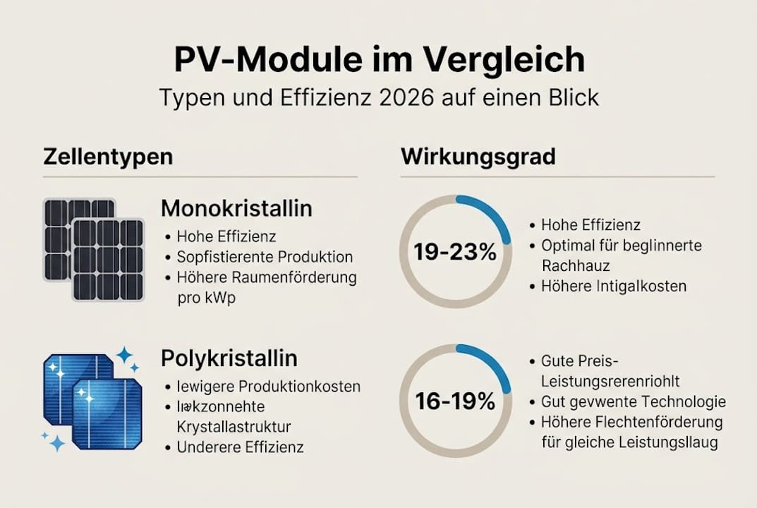 Photovoltaik einfach erklärt: Technik und Vorteile 2026 1 Die Infografik zeigt einen übersichtlichen Vergleich verschiedener Photovoltaik-Module und deren Wirkungsgrad.