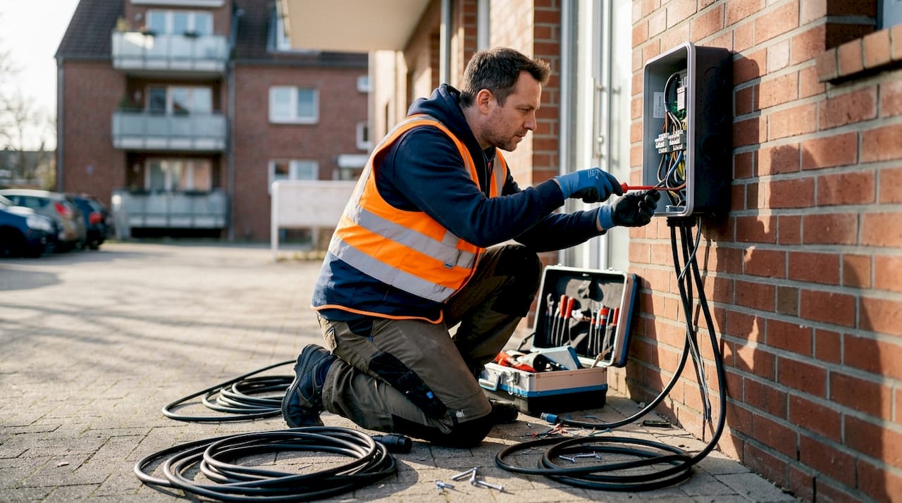 Elektromobilität Checkliste: Zur eigenen Ladestation in Augsburg 1 Ein Elektriker montiert eine Ladestation für Elektroautos an der Außenwand.