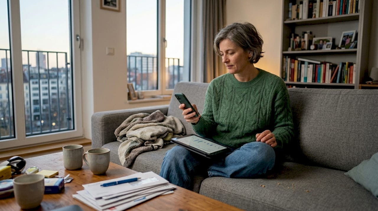 Elektroniker ITT: Smart Home und moderne Lösungen 2026 2 Eine Frau steuert bequem von ihrem Wohnzimmer aus die verschiedenen Funktionen ihres Smart Homes.