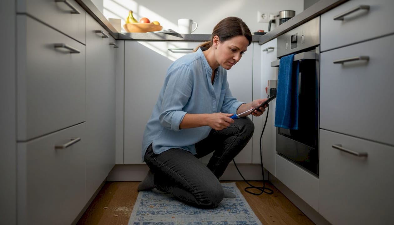 Die 7 wichtigsten Anzeichen für Elektroprobleme erkennen 1 Eine Frau prüft die Steckdose hinter der Spülmaschine.