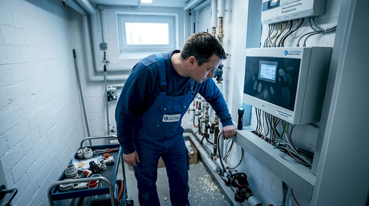 Augsburg: Energieinnovationen, die Ihr Zuhause verändern 1 In Augsburg nimmt ein Techniker die Fernwärmesteuerung genau unter die Lupe.