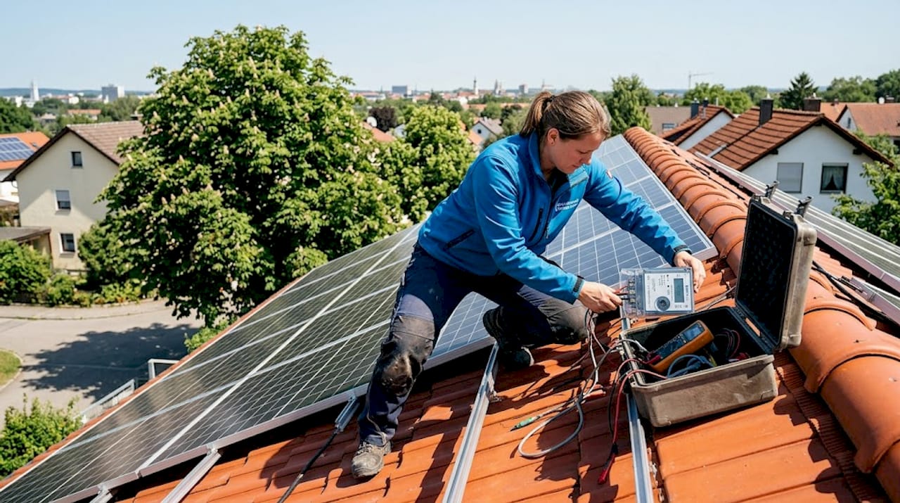 Elektrotechnik Augsburg: Sicherheit und nachhaltige Lösungen 1 Eine Frau installiert Solarpanels auf dem Dach ihres Hauses.