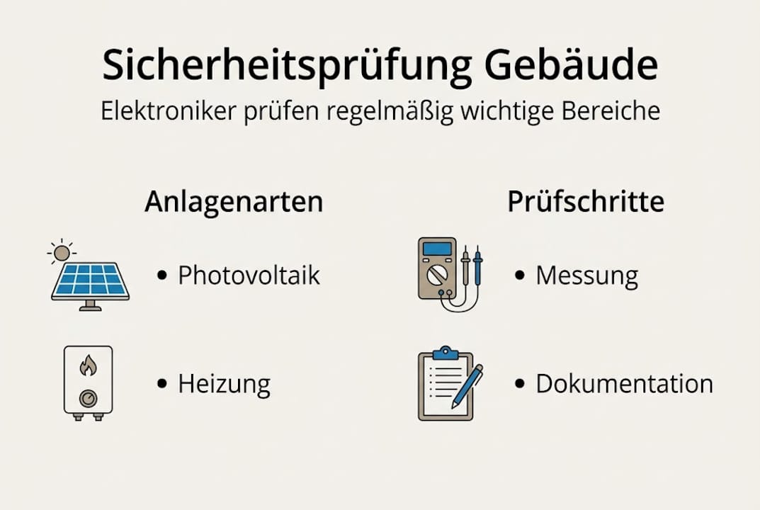 Elektroniker für Energie- und Gebäudetechnik: Aufgaben und Vorteile 2 Anschauliche Infografik veranschaulicht die wichtigsten Schritte zur Sicherheitsüberprüfung in der Gebäudetechnik.