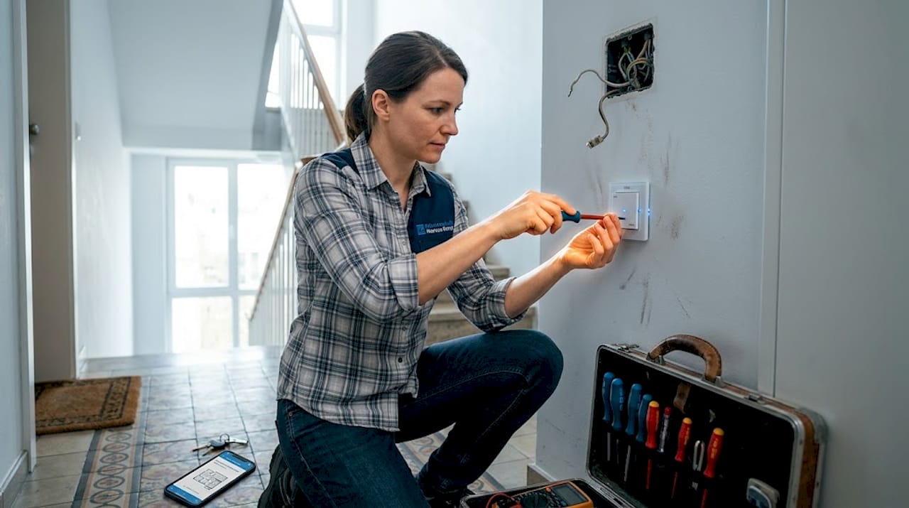 Allgäuer Straße Augsburg: Elektriker und Energielösungen 2 Eine Technikerin bringt im Flur einen Smart-Home-Schalter an.
