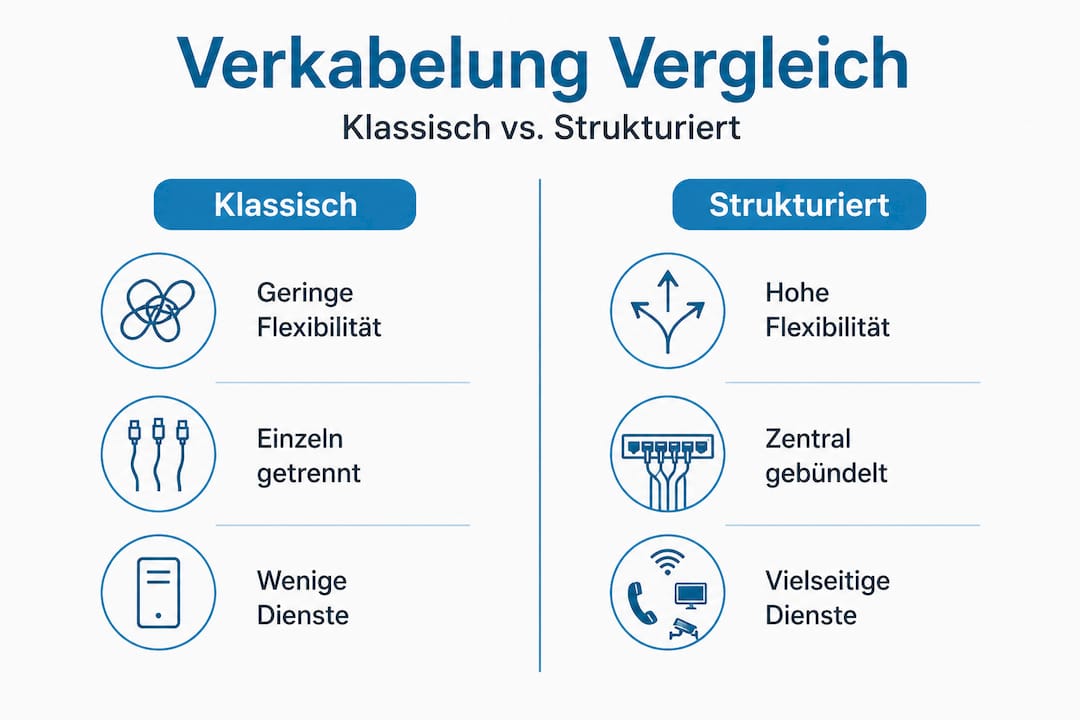 Gebäudetechnik Elektro: Moderne Lösungen für Sicherheit und Effizienz 2 Infografik: Traditionelle Verkabelung versus strukturierte Verkabelung – ein Vergleich