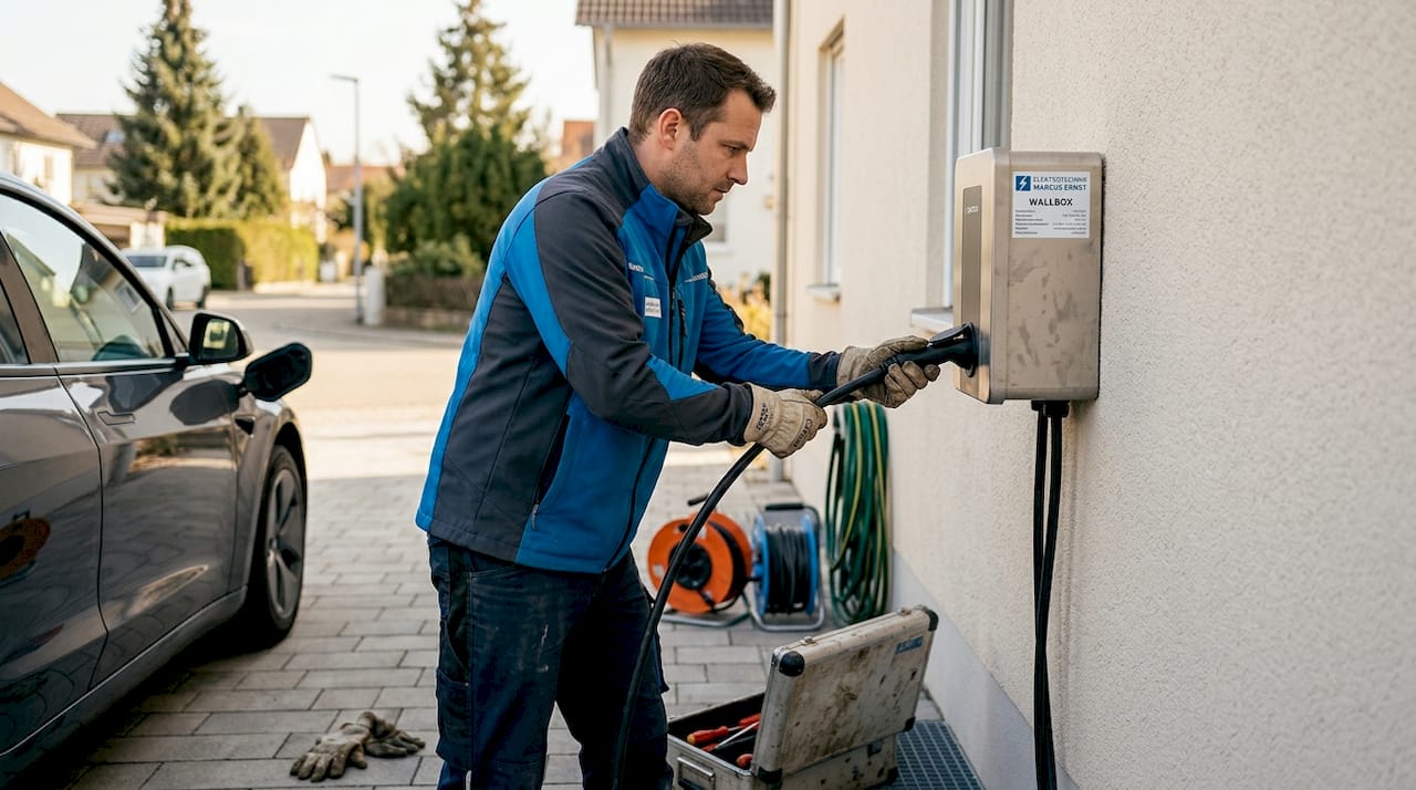 Elektro-Dienstleistungen in Augsburg: Den richtigen Fachbetrieb finden 2 Ein Fachmann installiert eine Ladestation für Elektroautos am Eigenheim.