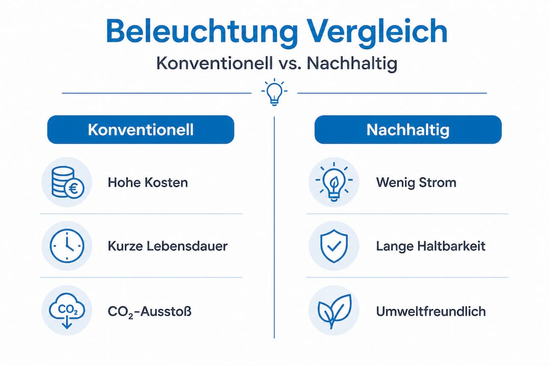 Lampen in Augsburg: Effiziente Beleuchtung und nachhaltige Lösungen 2 Infografik: Traditionelle Beleuchtung im Vergleich zu nachhaltigen Lichtlösungen
