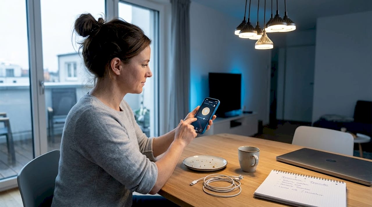 Lampen in Augsburg: Effiziente Beleuchtung und nachhaltige Lösungen 1 In ihrer Augsburger Wohnung steuert eine Frau die Beleuchtung bequem per App.