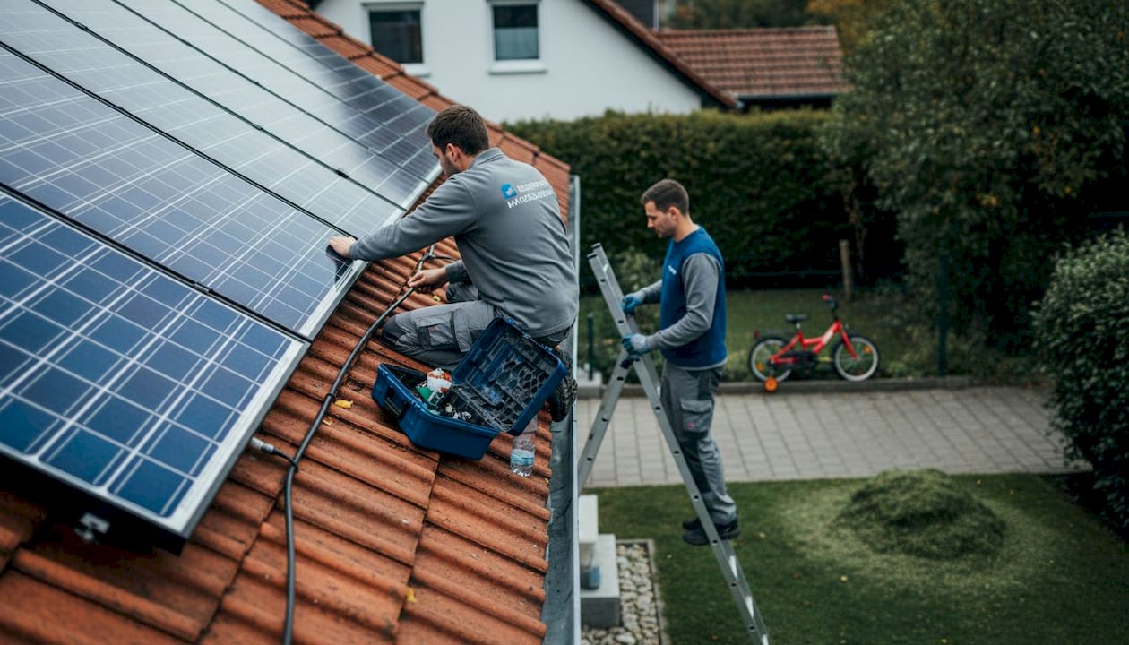 Elektrohandwerksdienstleistungen in Augsburg: Sicher und Modern 2 Ein Fachmann installiert Solarmodule auf dem Dach eines Wohnhauses.