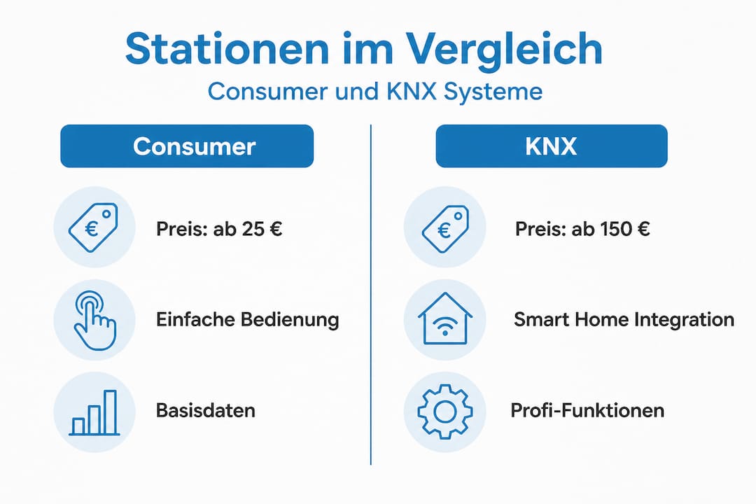 Wetterstation Augsburg: Installation, Wartung und smarte Anwendungen 2 Infografik: Unterschiede zwischen Consumer- und KNX-Wetterstationen auf einen Blick