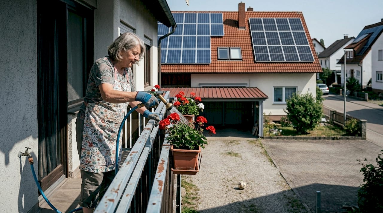 Photovoltaik Stromerzeugung: So Profitieren Sie Nachhaltig 1 Vom Balkon aus hat man einen schönen Blick auf die Häuser mit ihren Solaranlagen auf den Dächern.