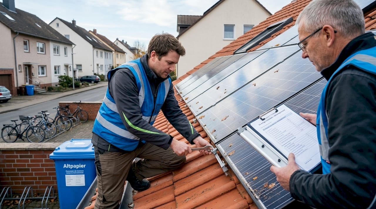 Elektrodienstleistungen: Sicherheit und Innovation für Ihr Zuhause 2 Fachkräfte überprüfen die Solaranlage auf dem Hausdach.
