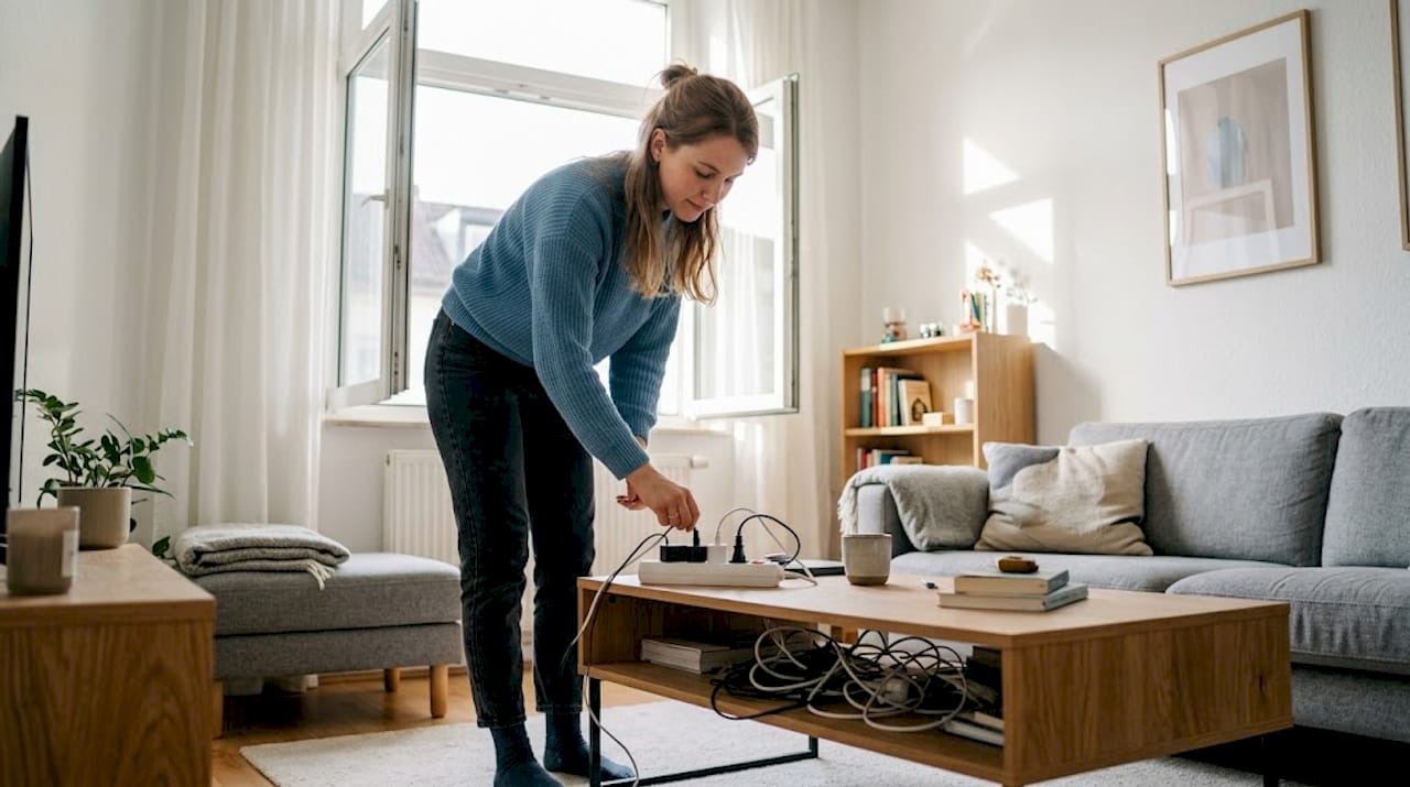 Eine Frau zieht den Stecker ihres Geräts aus einer Mehrfachsteckdose, die schon voll belegt ist.