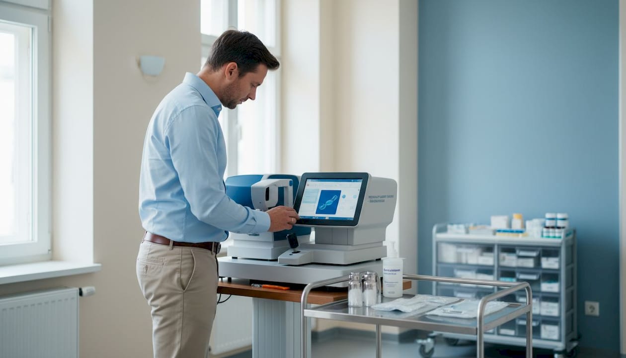 Bevor die Behandlung beginnt, überprüft der Medizintechniker sorgfältig das Netzhautlasergerät.