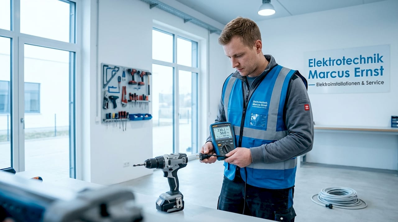 Ein Techniker probiert im Flur einen akkubetriebenen Bohrer aus.